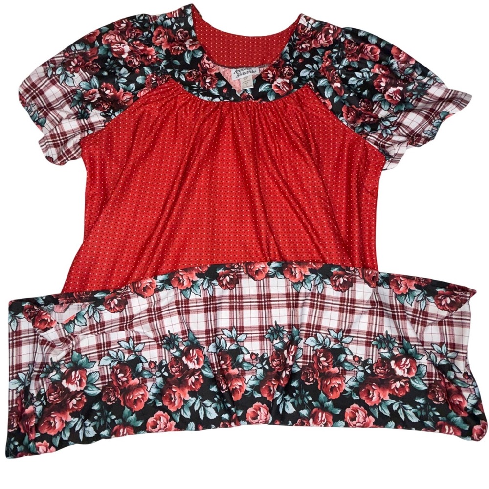 Anthony Richards Floral Plaid Polka Dot Lounger Top Womens 3X Red Mixed Print